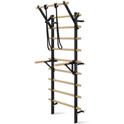 Swedish Ladder Wall Gym, Stall Bar Home Gym with Adjustable Pull-Up Bar, Dip Bar Attachments & 2pcs Resistance Band, 9 Strategic Rods for Core Strengthening and Stretching Balanced for Body Exercise