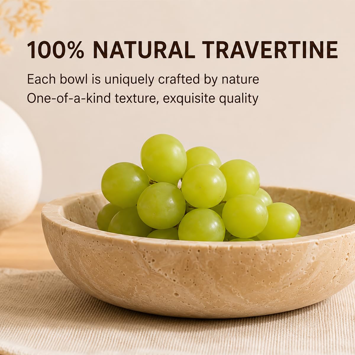 IVWOXO Natural Travertine Decorative Bowl for Coffee Table – 7.8”Handmade Beige Stone Fruit Bowl, Key Bowl for Entryway Table, Modern Catchall Tray, Vanity Jewelry Dish, Rustic Home Decor Centerpiece