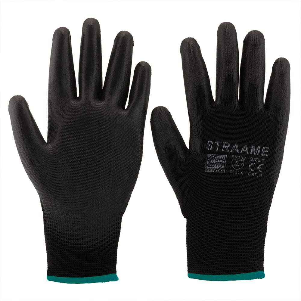 Straame Pack of 12 or 24 Black Safety Work Gloves, Outdoors PU and Nylon Non-Slip Work Handling Gloves, Good Dexterity Firm Grip Protective Working Gloves Size (Pack of 12 Pair's, M)