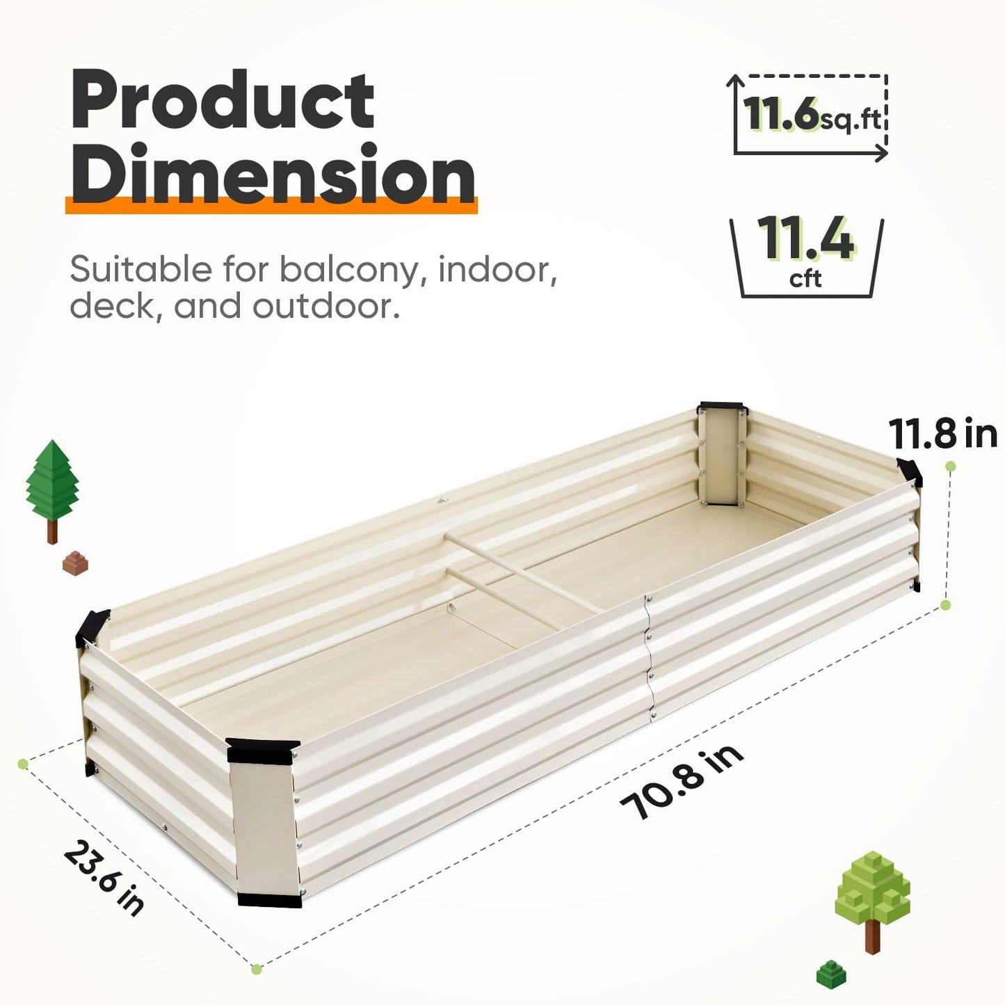 KING BIRD Raised Garden Bed Kit with Bottom 2025 Upgraded Galvanized Planter Garden Box Outdoor & Indoor for Gardening, Vegetables, Flowers, Beige, 70.8x23.6x11.8 in