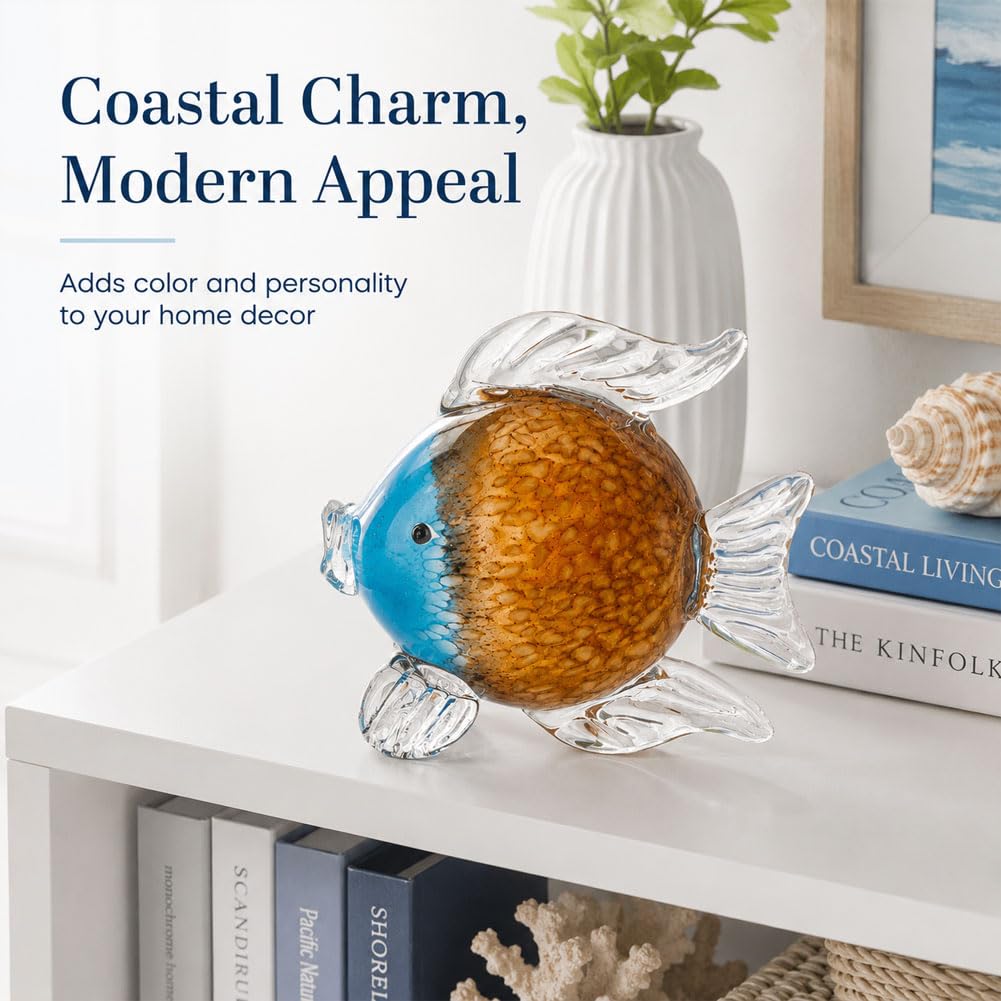 QIANLING Glass Fish Figurines - Coastal Home Decor, Modern Ocean Centerpieces for Living Room, Dining Area, Bathroom, Office, Coffee Table, Beach House, Nautical, Seaside, Entrance, Shelf Display