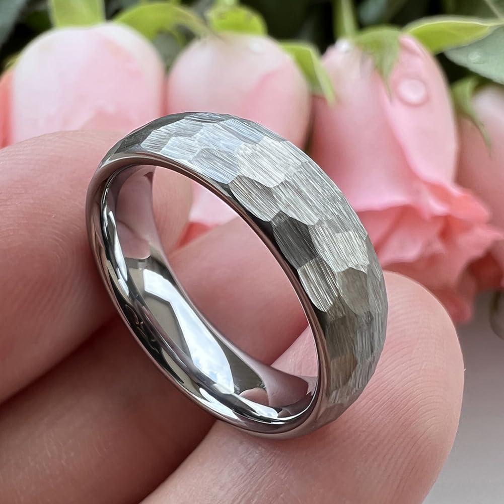 TUTISS 6mm Hammered Tungsten Carbide Rings for Men Women Engagement Wedding Bands Domed I Love You Engraved Comfort Fit Size 10