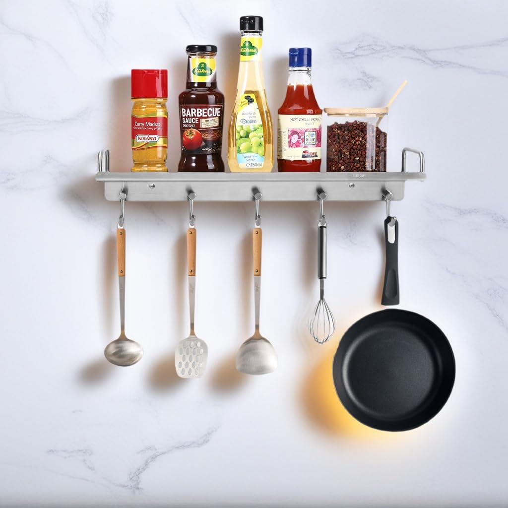Spice Holder Rack, Coffee Mugs Storager Rack for Glass Jars Bottles, 304 Stainless Steel Shelf, Heavy Duty Kitchen Organizer Wall Mounted, Pots Pans Hanger Holder, 16 Inch With 5 Hooks (Silver)