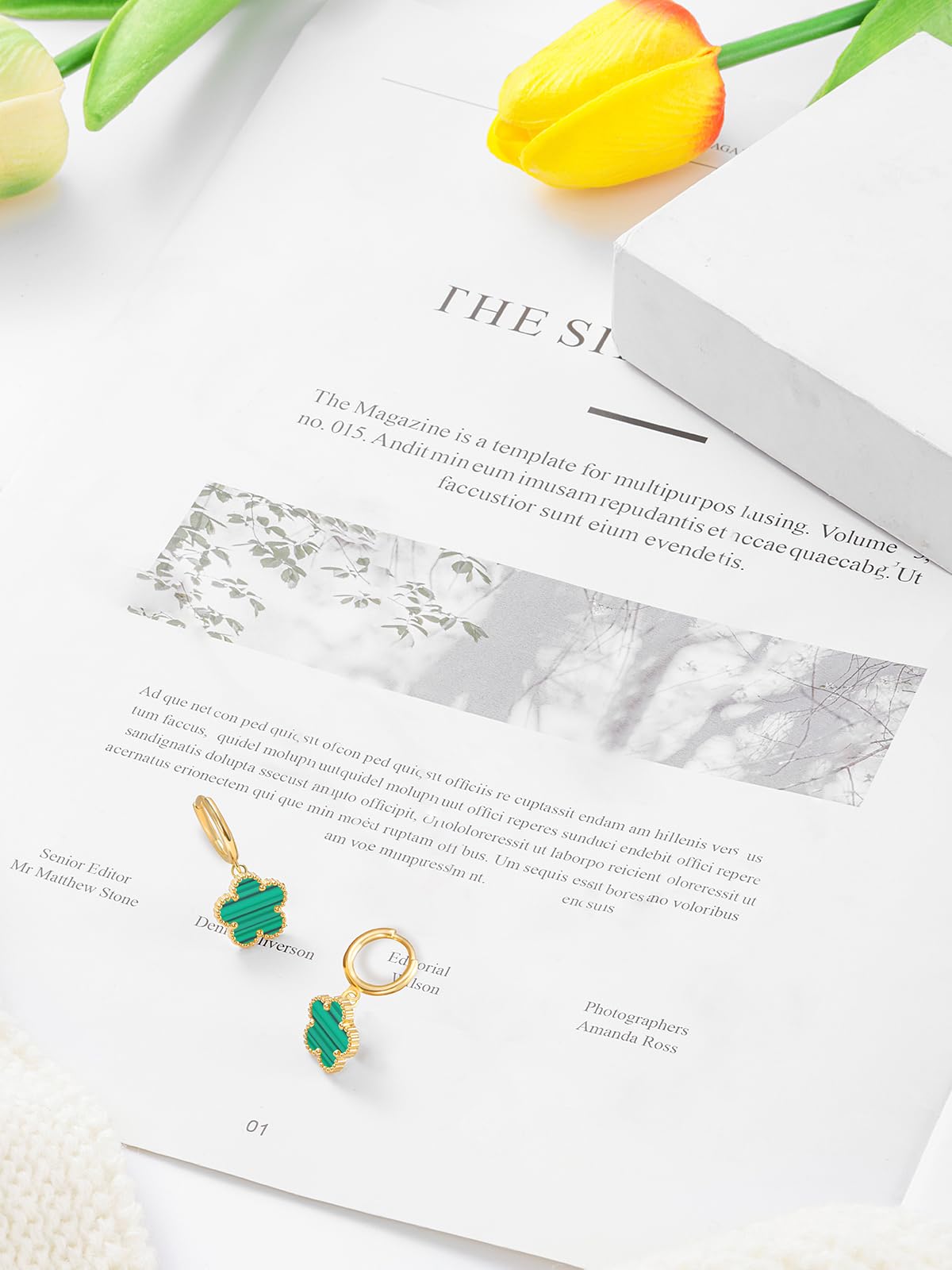 Gold Plated Five Leaf Clover Dangle Earrings for Women Lucky Flower Jewelry (Green Stripe-14K Gold Plated)