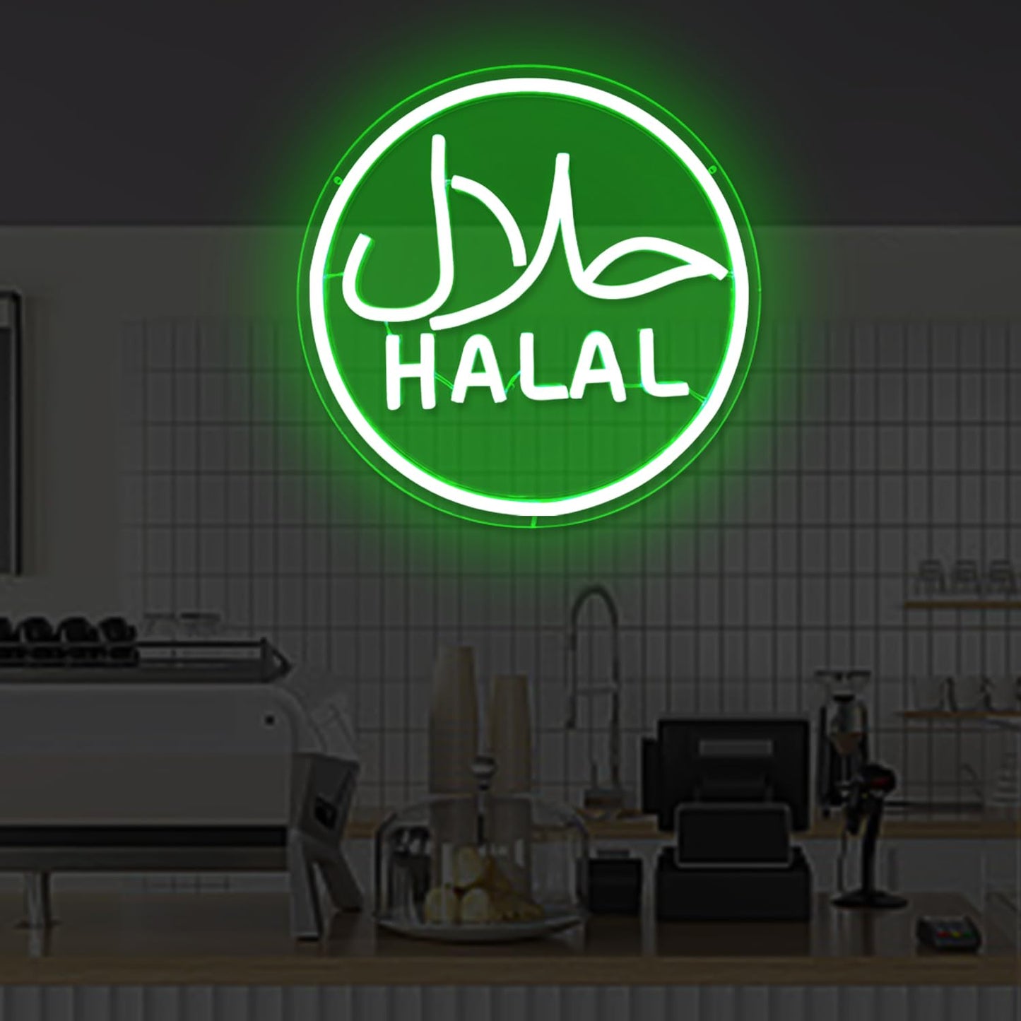 Halal Neon Signs for Wall Decor Dimmable Led Green Restaurant Neon Light Signs for Beef Chicken Candy Snack,Halal Hanging Door Sign Light