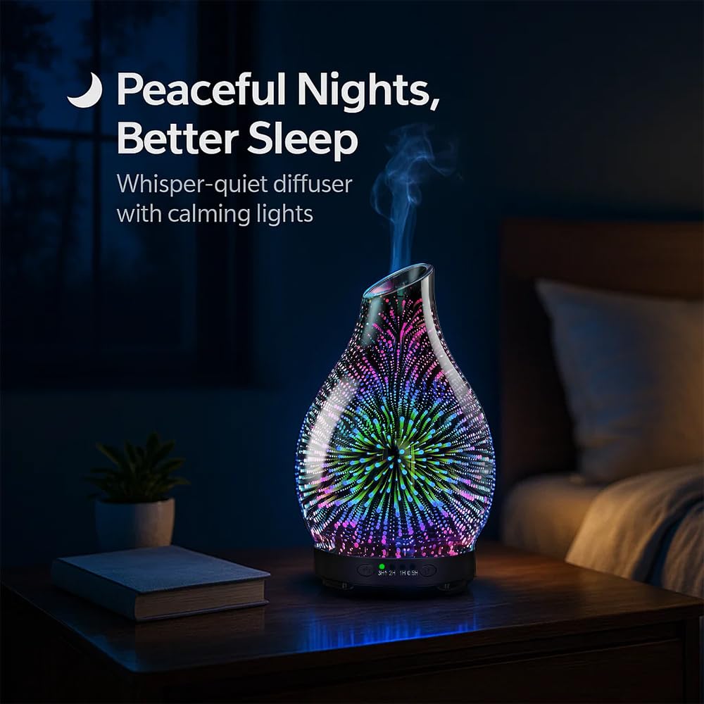 120ML Essential Oil Diffuser, 3D Glass Aromatherapy Diffuser with Auto Shut-Off and 7 Color LED Lights, Ultrasonic Mist Humidifier with 4 Timer for Home Office Bedroom (3D Fireworks)