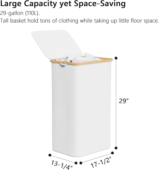 SUOCO Laundry Hamper with Lid, 29 Gal Clothes Basket with Bamboo Handles