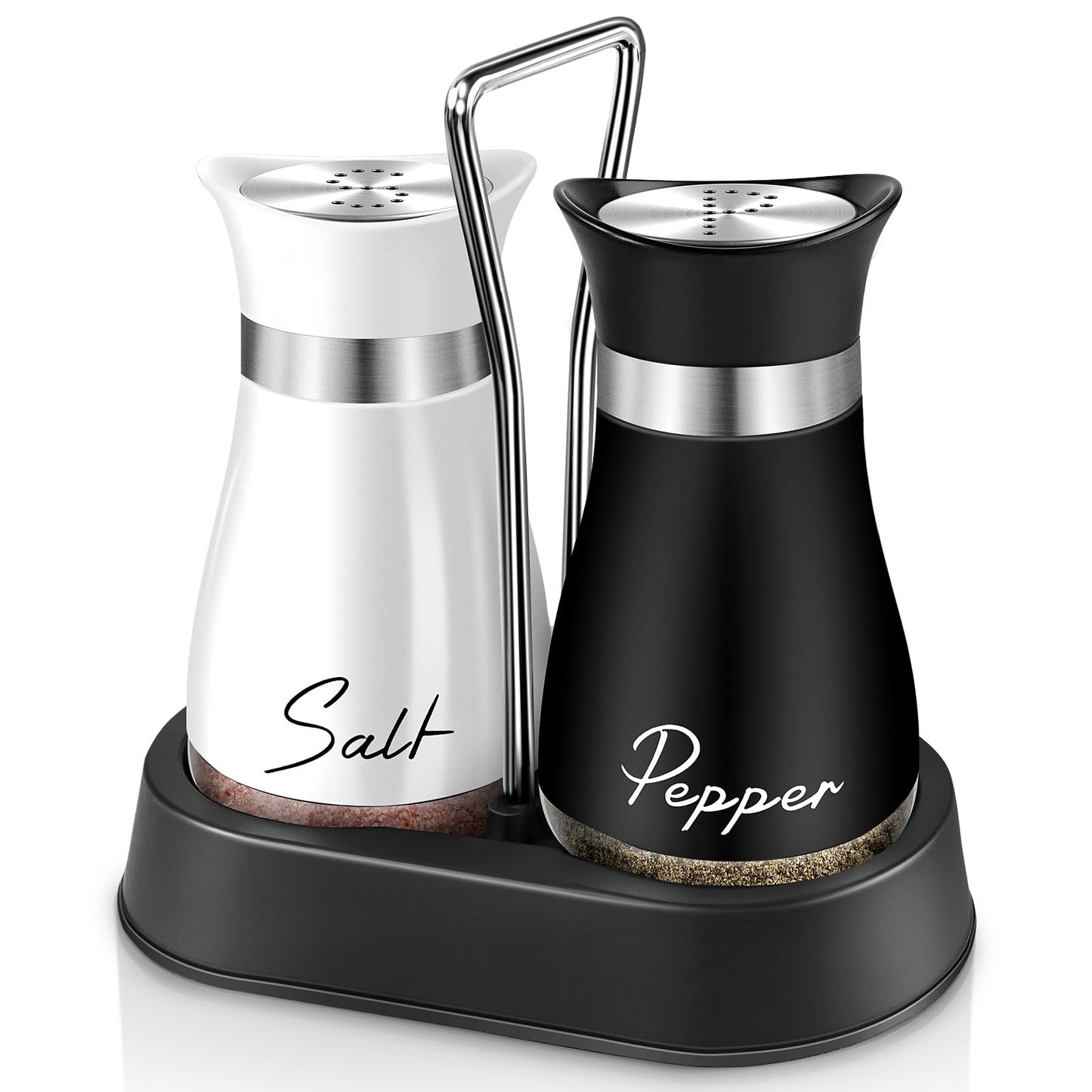 Salt and Pepper Shakers Set, 4 oz Stainless Steel Salt Shaker, Farmhouse Salt Pepper Shaker Containers with Glass Bottom for Kitchen Gadgets Cooking Table, BBQ, Bar, RV, Camp (Black&White)