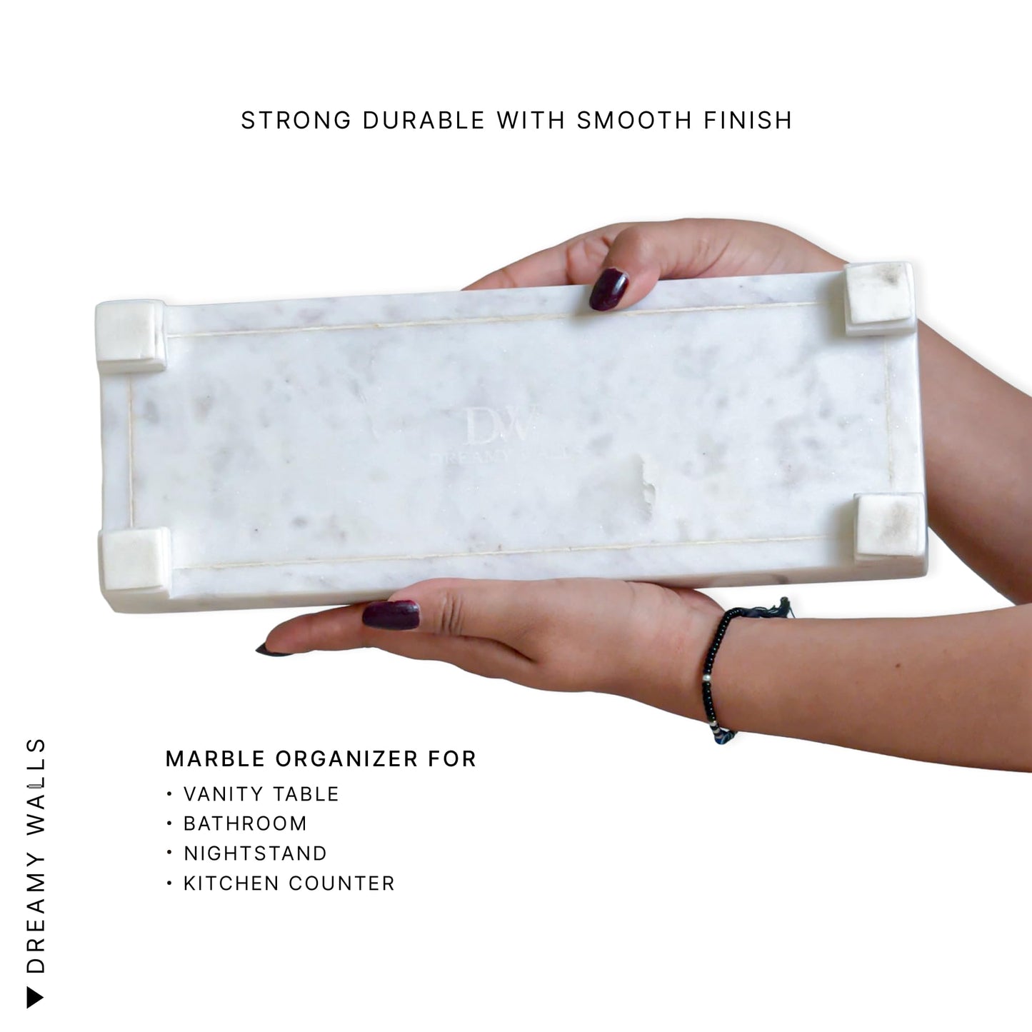 Dreamy Walls Banswara White Marble Vanity Tray - 11×4 Inch | Marble Tray for Bathroom, Perfume, Jewellery & Dressing | Trinket Tray, Bathroom Tray for Toiletries | Anti-Slip | Handmade in India