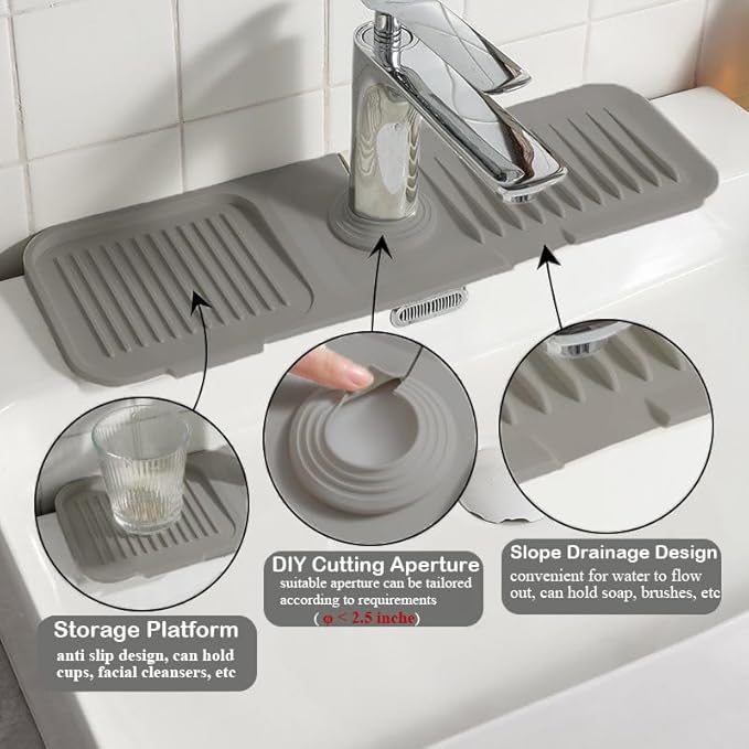 Kitchen Sink Splash Guard, Silicone Faucet Handle Drip Catcher Tray, Fit