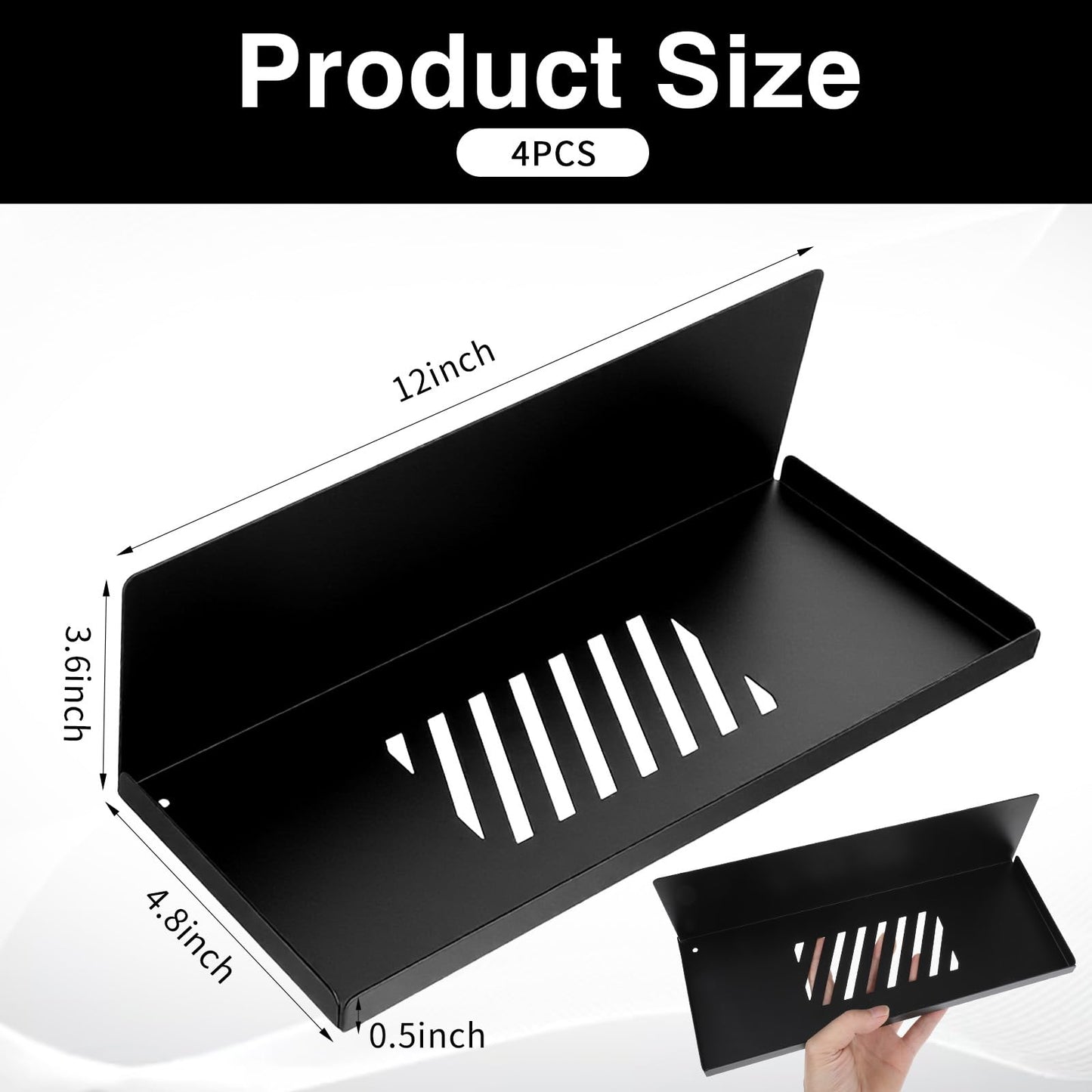 Xaajooio 4 Pack Black Magnetic Shelves Organizer, 12x4.8x3.6 Inch Heavy Duty Steel Pegboard Spice Rack Tray for Kitchen Refrigerator Cabinet Whiteboard Office