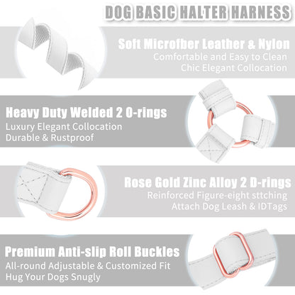 Soft Leather No Pull Dog Harness - Adjustable Step in Dog Harness with Rose Gold Heavy Duty Metal Buckle, Freedom Nylon Dog Halter Vests for Small Medium Large Dogs Easy Walking Training (White,L)