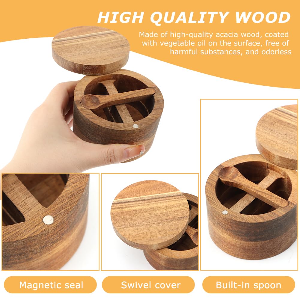 Saycker Wood Salt and Pepper Bowl, with Swivel Lid and Spoon Round Salt Container Spices Storage Box(4.06inchs)