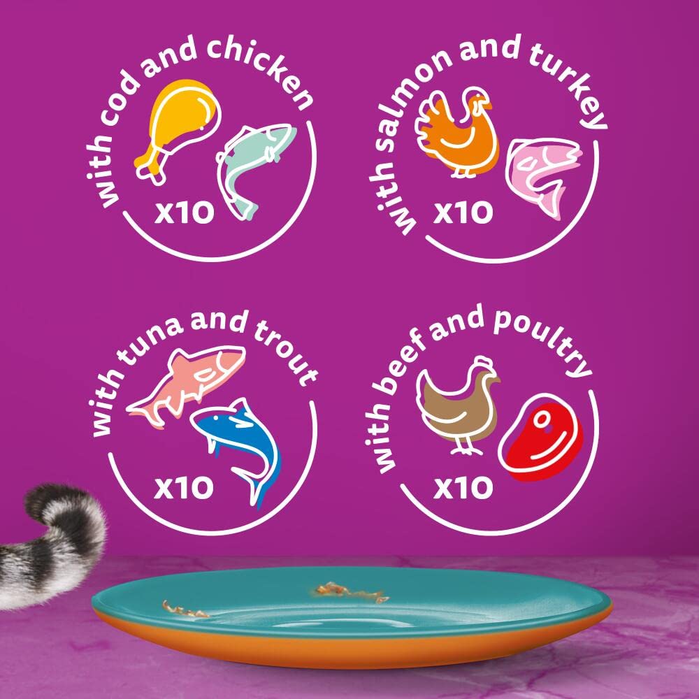 WHISKAS - 1+- Adult Wet Cat Food Pouches - 40 x 85 g - Surf and Turf in Jelly - Bulk Cat Food Megapack - 40 Pouches