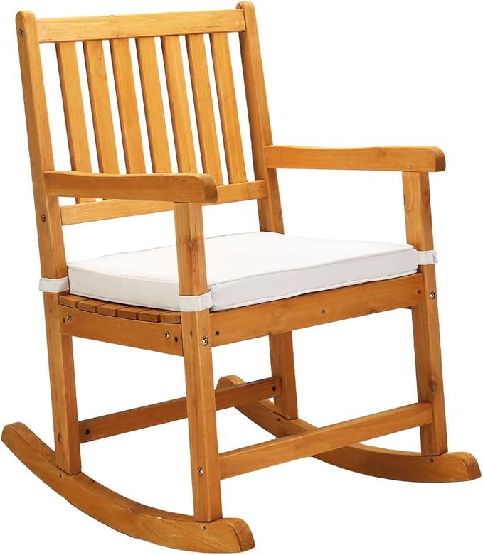 VINGLI Outdoor Rocking Chair, Weatherproof Rocker with Cushion, Wooden Rocking Bench Support 550 LBS for Patio, Yard, Garden, Outdoor or Indoors, Teak