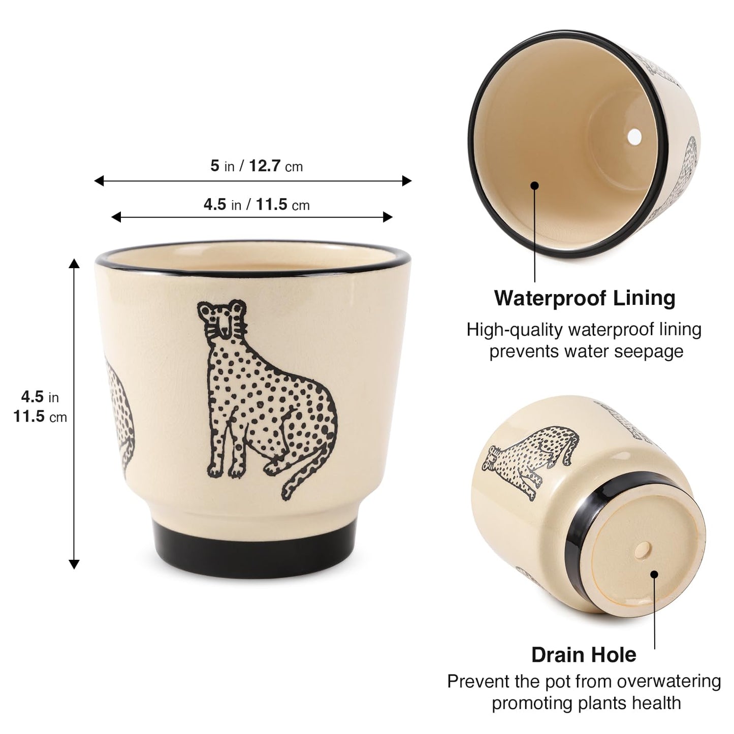 STHIE 5 Inch Ceramic Planters for Indoor Plants, Funny Small Plant Pots with Drainage, Unique Decorative Cute Flower Pot Panthers Round Flowerpots