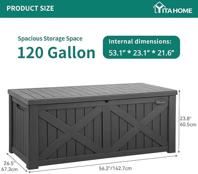 YITAHOME 150 Gallon Large Deck Box with X-Shaped Front, Resin Outdoor Storage Boxes, Waterproof Cushion Storage Bench for Patio, Pool Supplies, Garden Tools - Lockable, Dark Gray