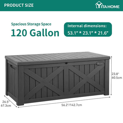 YITAHOME 120 Gallon Large Deck Box with X-Shaped Front, Resin Outdoor Storage Boxes, Waterproof Cushion Storage Bench for Patio, Pool Supplies, Garden Tools - Lockable, Dark Gray