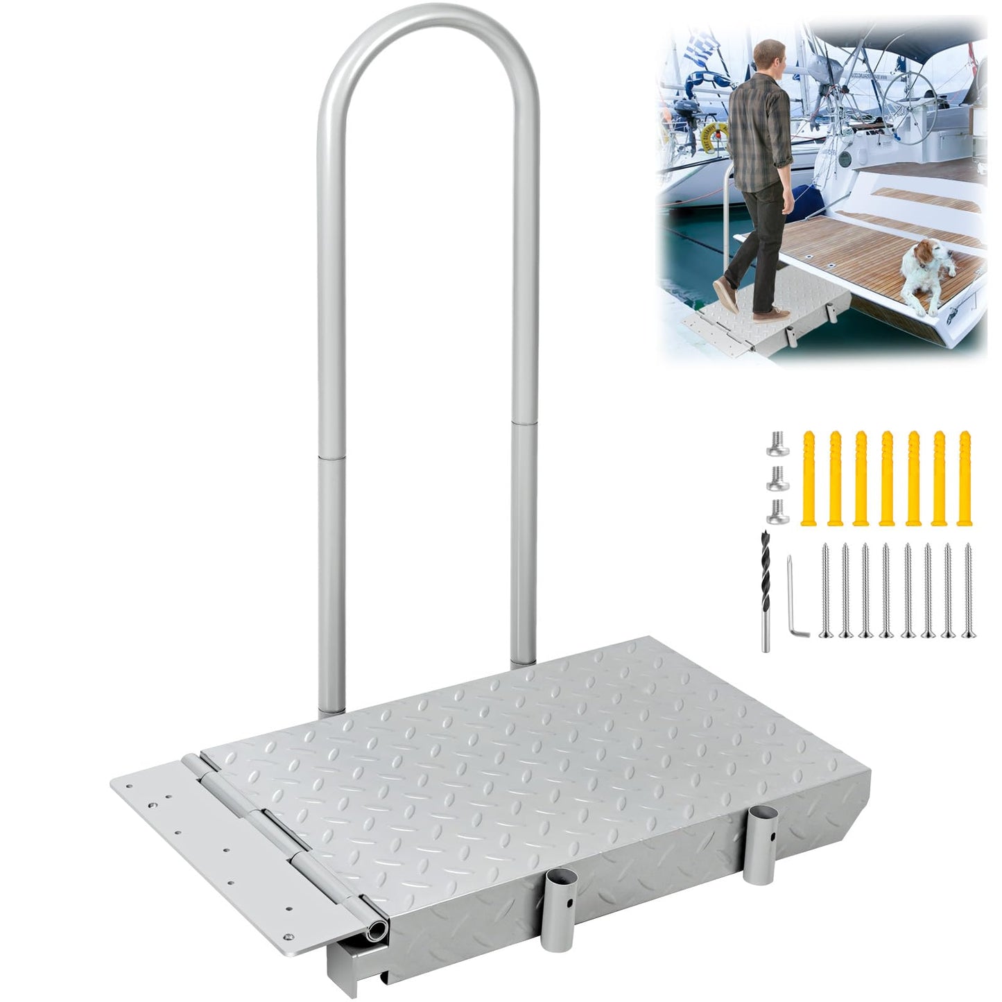 HomiShare Boat Boarding Platform with Handrail, Dock Extension Step with Safety Grab Bar, Folding Dock Boarding Platform for Marina, Dock, Deck, Boat, Silver