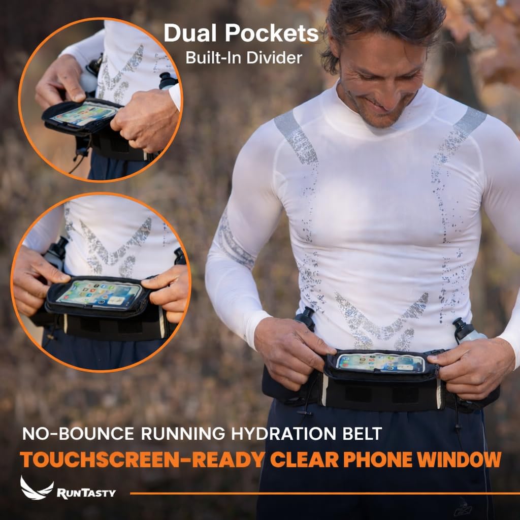 Runtasty Premium Hydration Running Belt with 2 BPA-Free 10oz Water Bottles – For Men & Women, Bounce-Free Fit, Water-Resistant Zippered Storage & Clear Tilt-Up Phone Pocket, Jogging & Marathon Ready