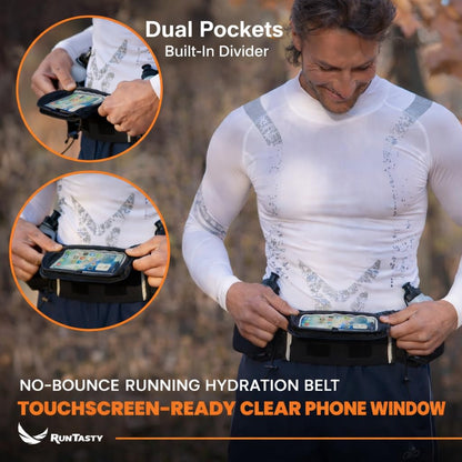 Runtasty Premium Hydration Running Belt with 2 BPA-Free 10oz Water Bottles – For Men & Women, Bounce-Free Fit, Water-Resistant Zippered Storage & Clear Tilt-Up Phone Pocket, Jogging & Marathon Ready