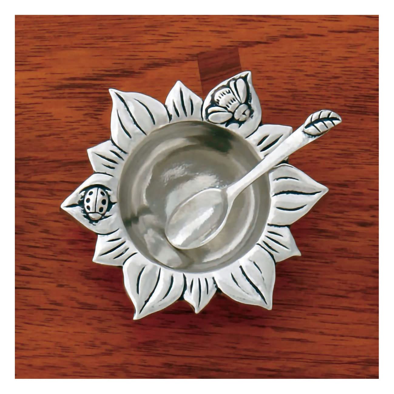 Basic Spirit Sun Flower Salt Bowl with Spoon Pewter Bee Ladybug Cellar Container for Spices Snacks Side Dishes Nature Lover Gift