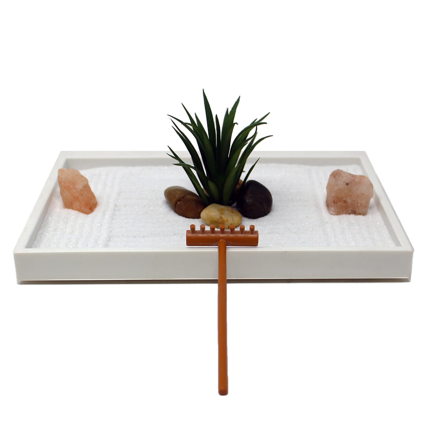 Nature's Mark Mini Zen Garden Kit for Desk with White Sand, Rake, White Base, Salt Rock and Air Plant (Rectangle)