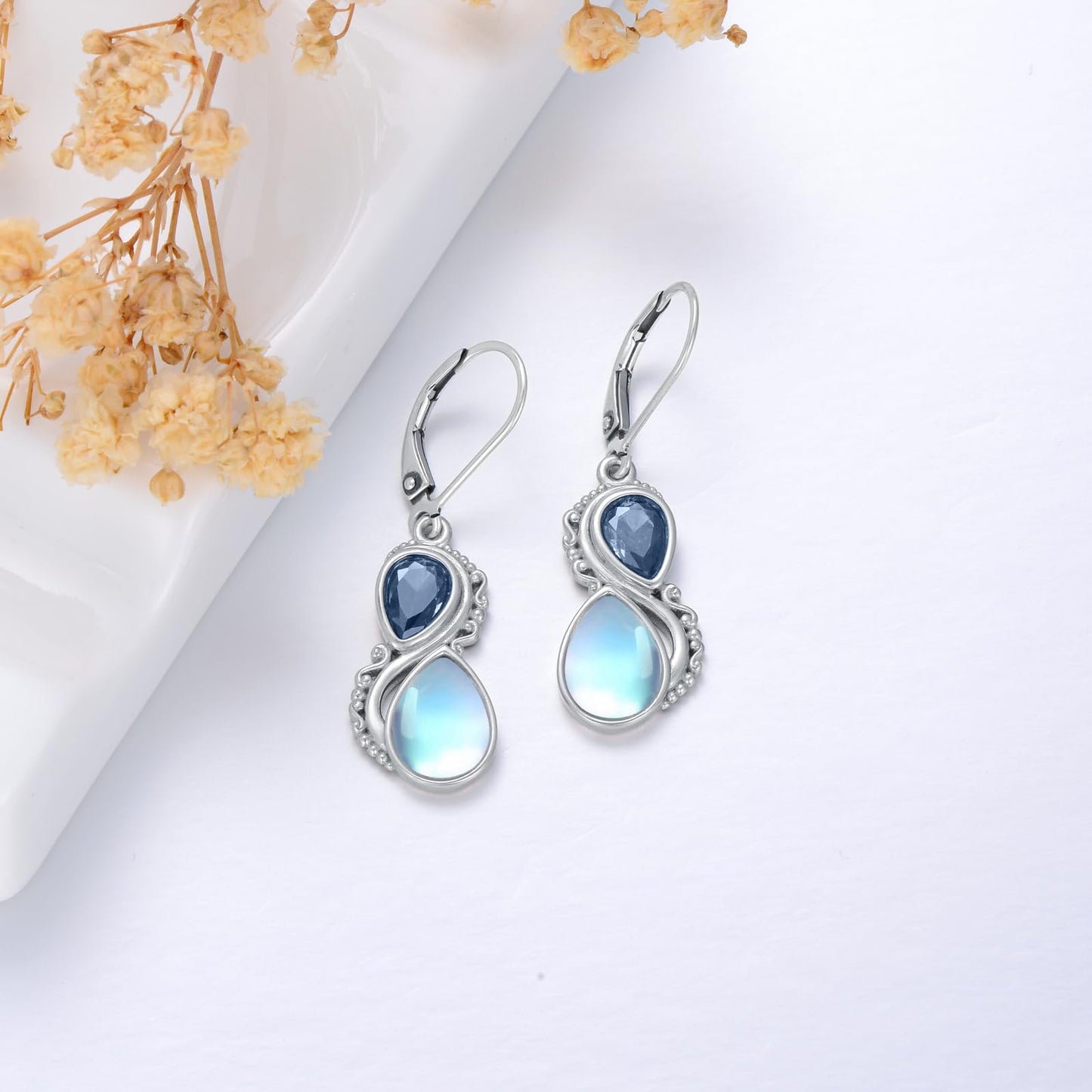 Moonstone Earrings 925 Sterling Silver Vintage Dangle Drop Leverback Earrings with London Blue December Birthstone Jewelry Gifts for Women
