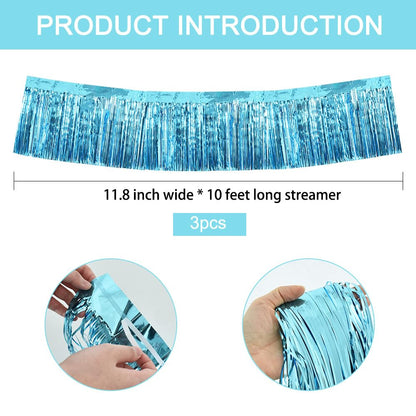 BEISHIDA 3 Packs Metallic Foil Fringe Garland Baby Blue Wall Hanging Tinsel Fringe Banners for Car Floats Bridal Shower Wedding Birthday Easter Graduation Holiday Party Decoration(30 Feet)