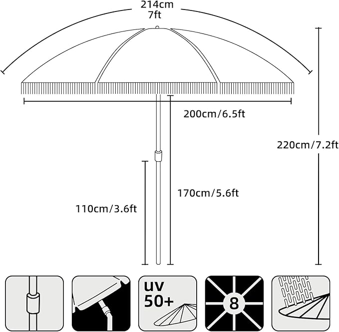AMMSUN 7ft Patio Umbrella with Fringe Outdoor Tassel Umbrella UPF50+ Premium Steel Pole and Ribs Push Button Tilt, Wave Colorful