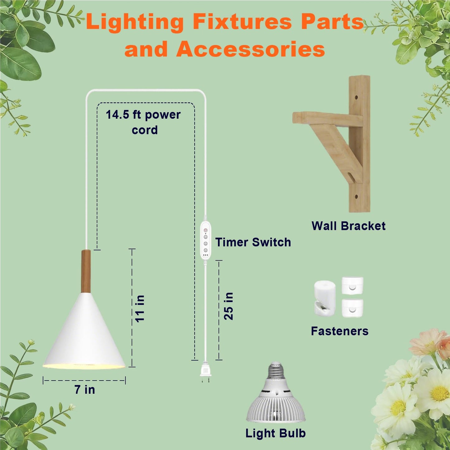 Hanging Grow Light with Timer, 20W Full Spectrum Plant Lamp for Indoor Plants, 14.5 ft Power Cord, Adjustable Height, Wall-Mounted Growing Light for Large Tall Plants, Succulents and Flowers (White)