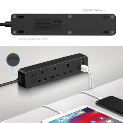 JSVER Extension Lead with 4 USB Ports Desktop Power Strip Smart Charging Station 3 Outlets USB Power Socket for Home Travel, Black