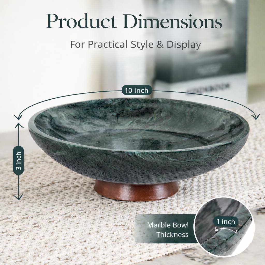 Decorative Marble Bowl Green - Handcrafted Natural Stone on Acacia Wood Pedestal - Versatile 10" Catch‑All Centrepiece for Home Decor - Entryway, Dining Table, Kitchen Fruit Bowl, Key Holder (Green)
