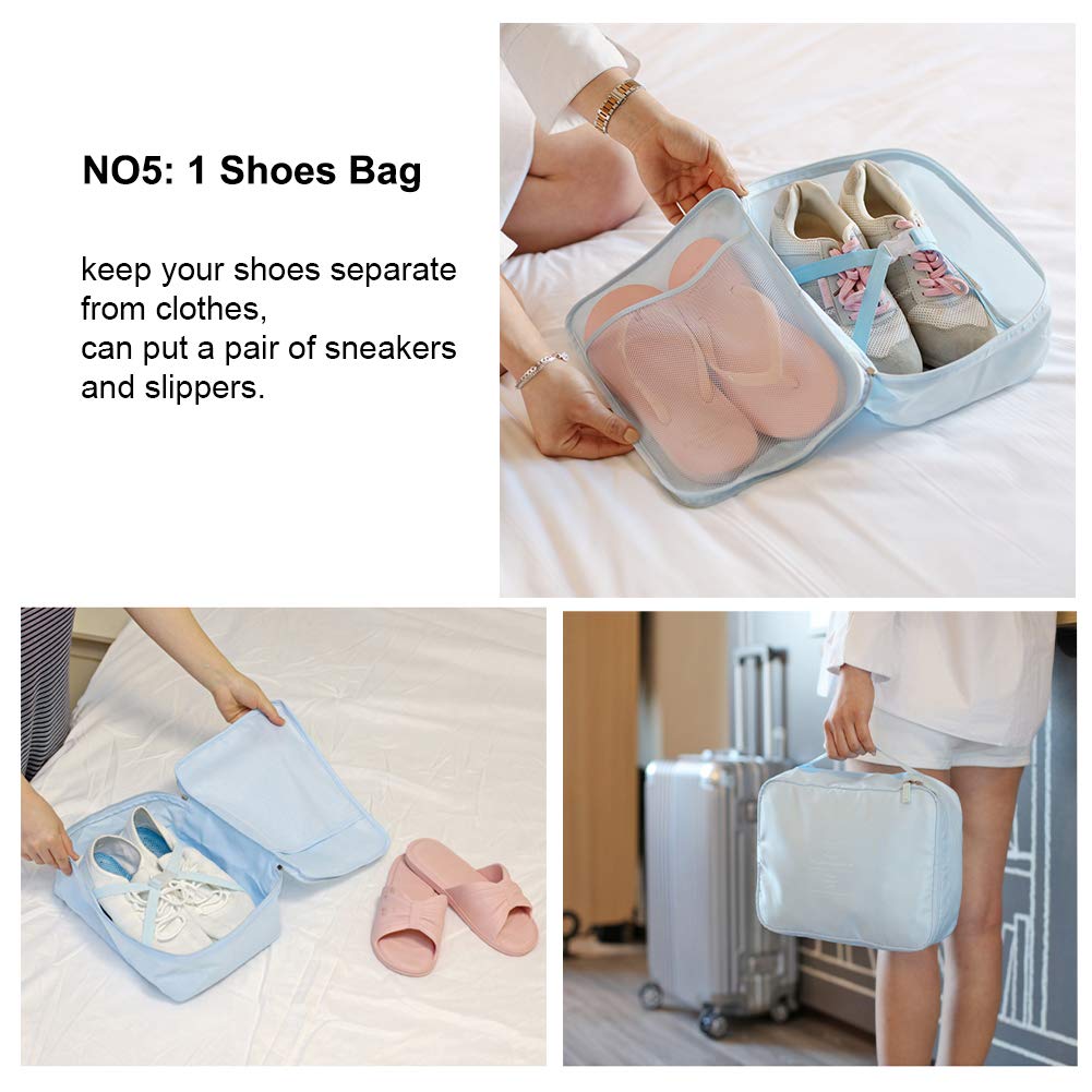Travel Packing Cubes 8 Pcs Set, Luggage Packing Organizers with Shoe Bag and Toiletry Bag(Light Blue)