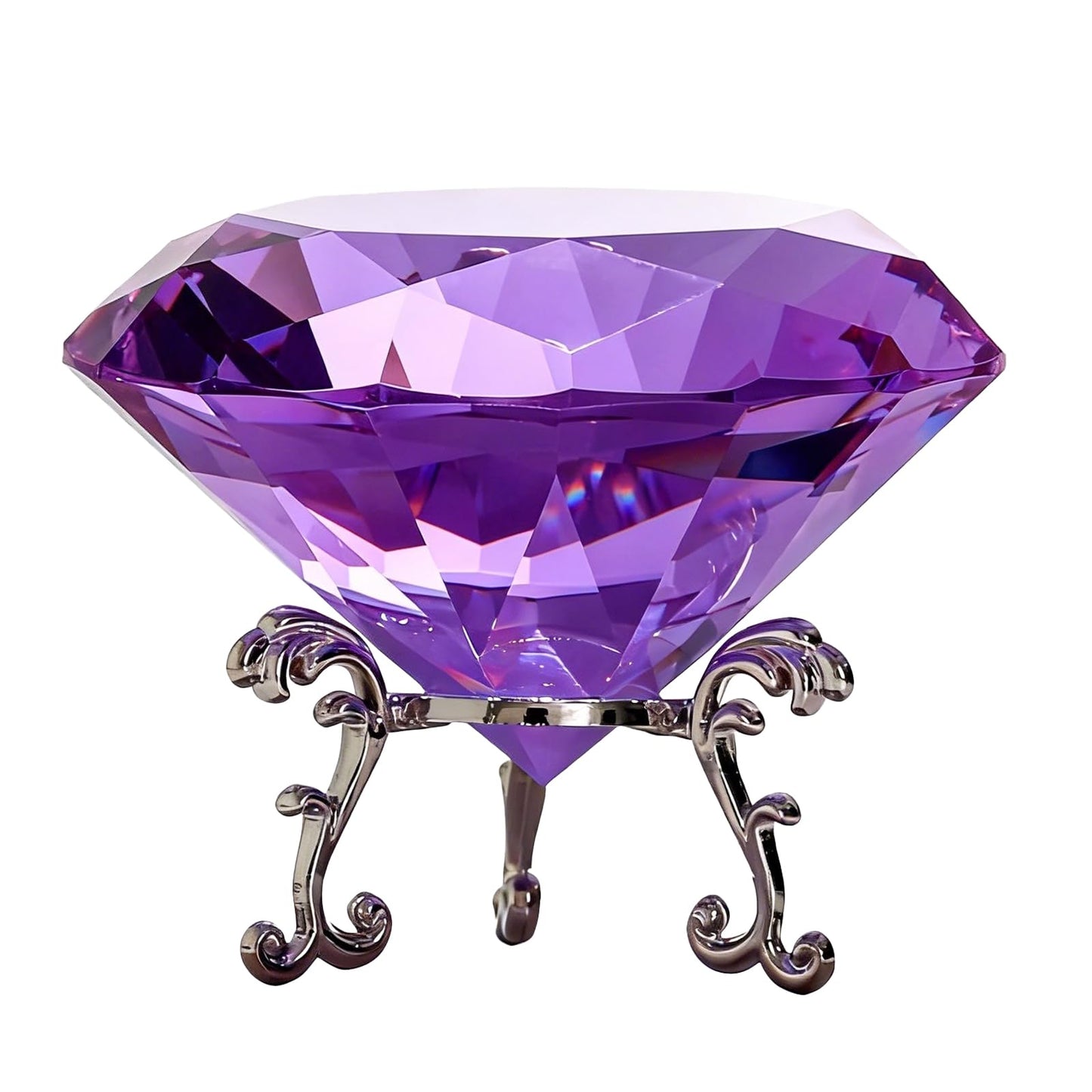 MysticGlitz Purple Crystal Diamond Centerpiece, 3.15 Inch Large Fake Diamond Prism with Silver Base for Wedding Table Decor Home Decoration Glass Jewel Rainbow Effect
