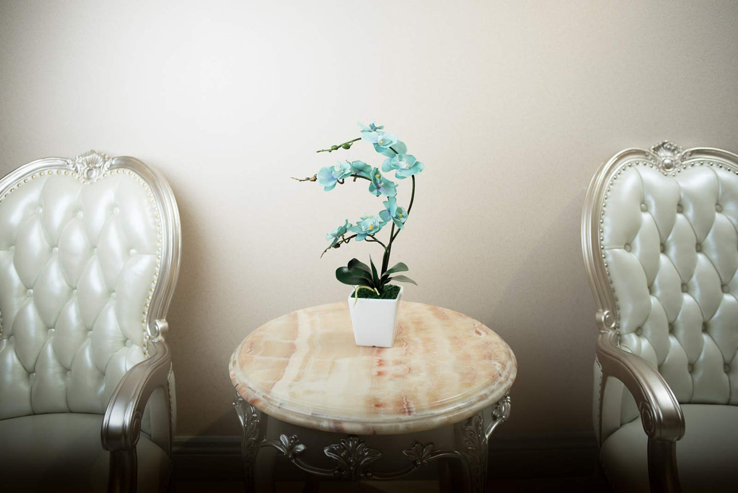 YSZL 15 Inches Tall Artificial Silk Phalaenopsis Orchid Flower Plant Pot Teal Arrangements (Golden Blue)