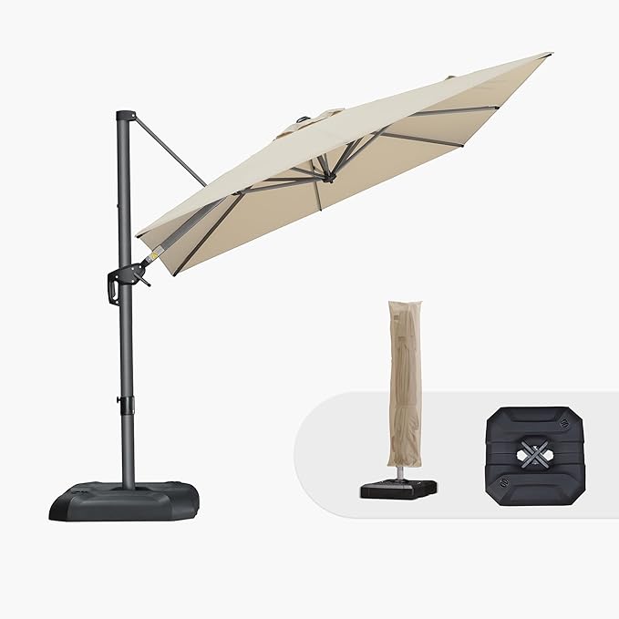PURPLE LEAF 8'×8' Patio Cantilever Umbrella with Base Included Offset Outdoor Umbrella with cover Square umbrella outdoor patios for Backyard Pool Garden Beige
