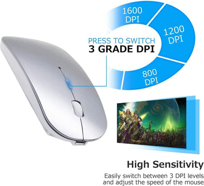 Wireless Bluetooth Mouse for MacBook Pro/Air/Mac/iPad/Laptop/Desktop/Mac/PC/Computer/Phone-Portable Slim Silent Office Mice with USB-C Adapter 2.4 GHz USB Mice (WhiteSilver)