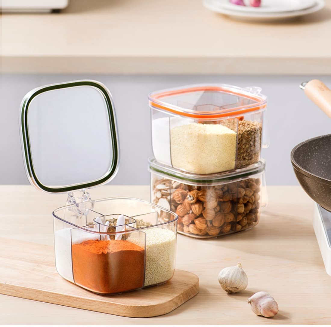 Brand Clear Box, 4-Compartment Sealed Container Set with Lid, Cover & Serving Spoons, Plastic Kitchen Condiment Jars to Store Salt, Pepper, Powder