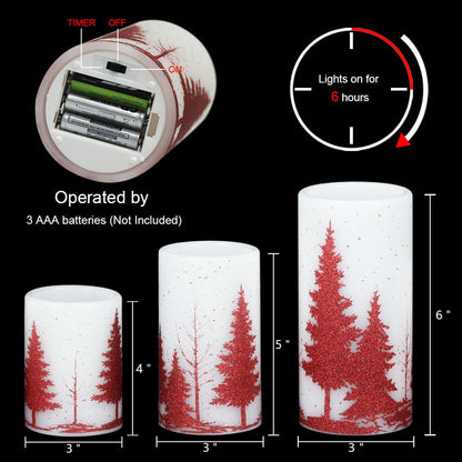 Wondise Flickering Flameless Candles with Timer, Battery Operated Real Wax Warm Light Red Christmas Tree Decal Candle for Home Decoration Christmas Gifts, Set of 3(D3 x H4/5/6 Inch)