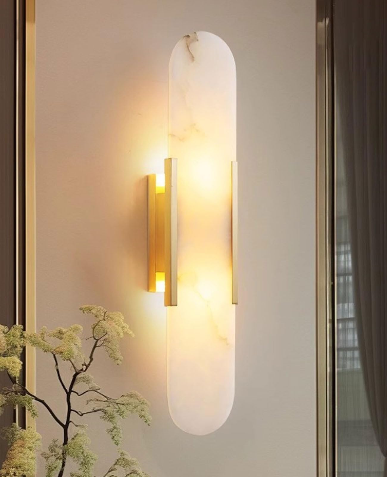 OROILUPU 19.7" Alabaster Wall Sconce Natural Marble Sconce Indoor Mid Century Modern Wall Light Oval Stone Lampshade Vanity Light Fixtures for Living Room Bedroom Dining Room Hallway (Gold)
