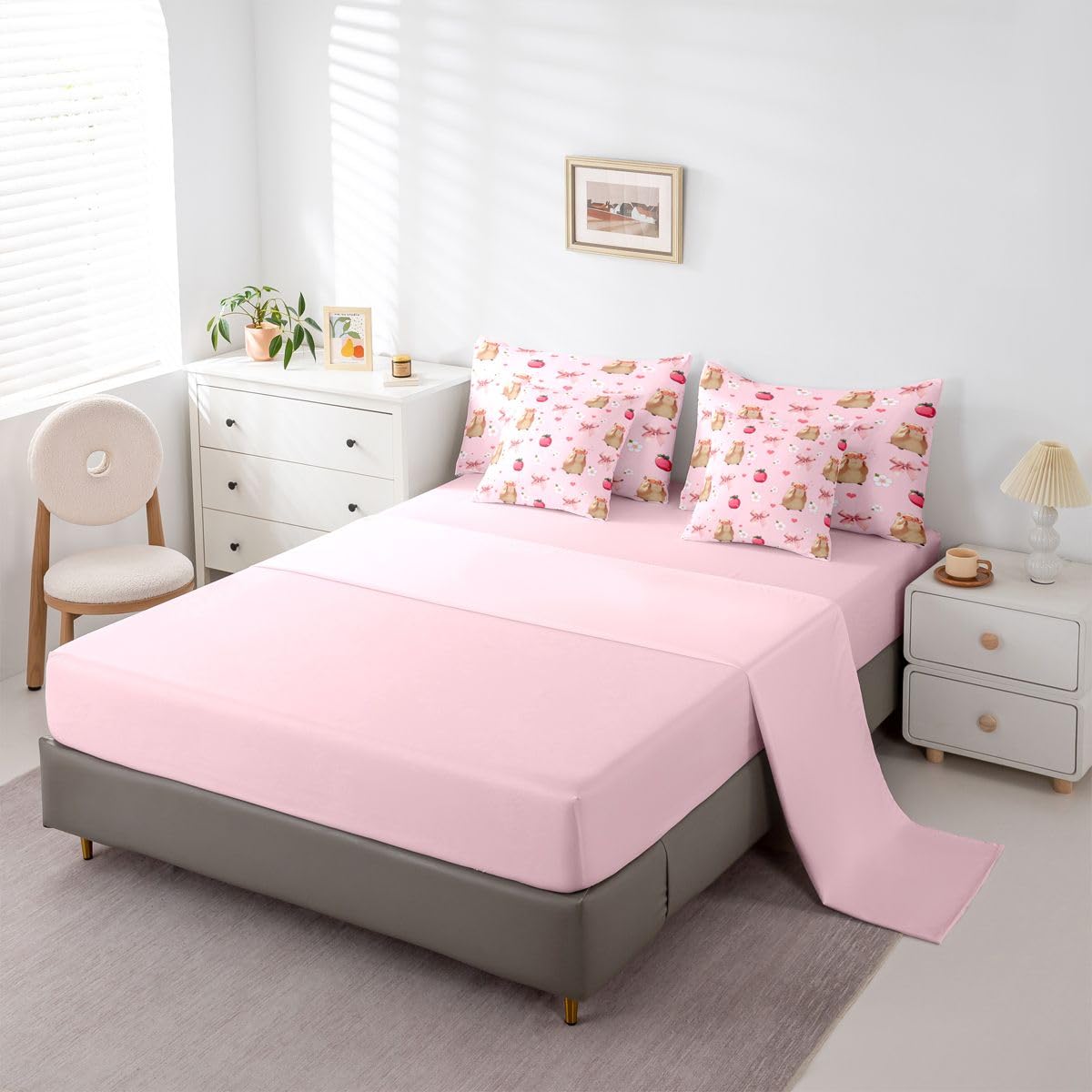Feelyou Capybara Comforter Set King Size 7 Pieces Cute Pink Bow Bedding Set for Kids Boys Girls Soft Flower Texture Bed in a Bag with Comforter, Sheets, Pillowcases, Cushion Covers