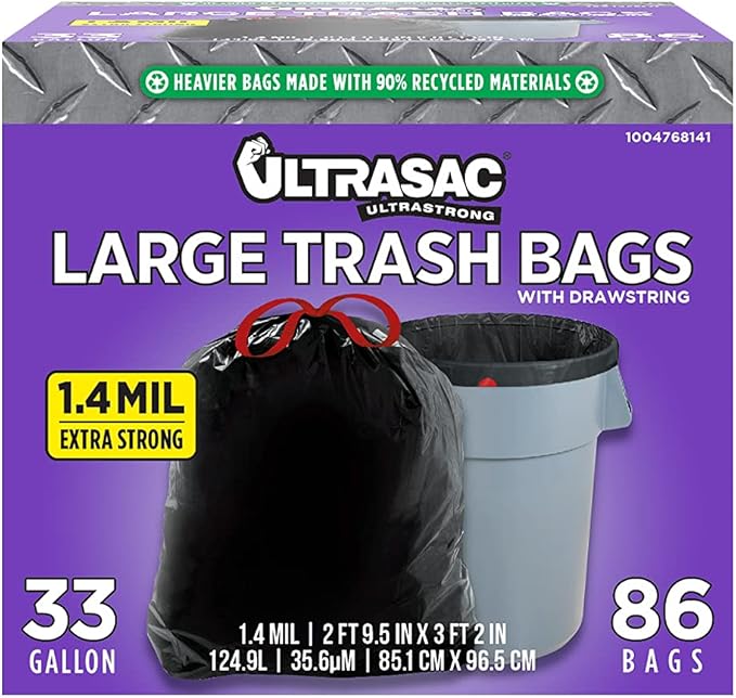 Ultrasac Black Large Heavy Duty Drawstring Trash Bags 33 Gallon 1.4 MIL