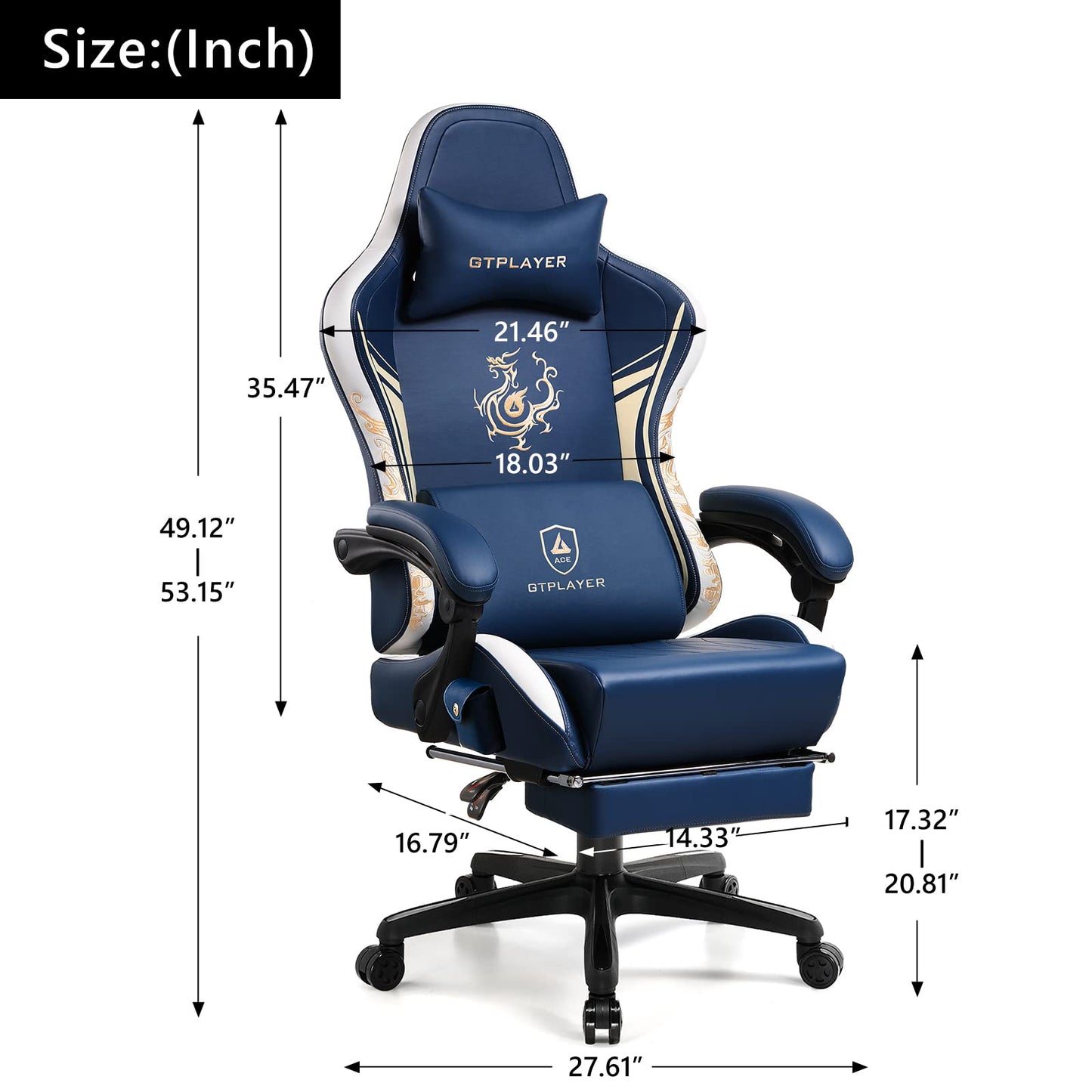 GTPLAYER Gaming Chair with Bluetooth Speakers and Footrest, Dragon Series Video Game Chair ，Heavy Duty, Ergonomic, Esports Computer Office Chair Blue (Royal Blue)