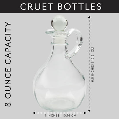 Cornucopia Brands Glass Oil and Vinegar Cruets (Set of 2); 8oz Round Oil Dispensers / Salad Dressing Bottles with Stoppers