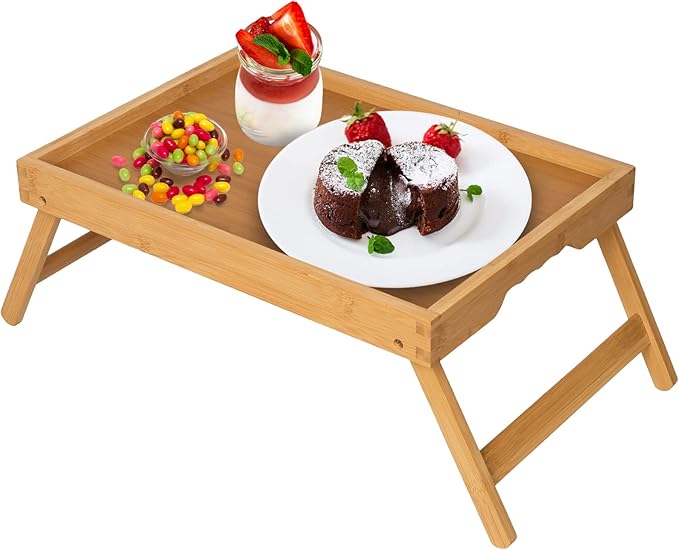 Artmeer Bed Tray Table with Folding Legs, Bamboo Breakfast in Bed