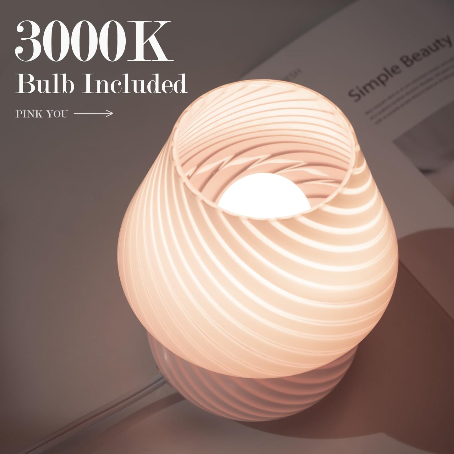 ONEWISH Mushroom Lamp-Small Bedside Table Lamp with Striped Glass, Nightstand Lamp for Bedroom, Living Room, Cafe, Bulb Included, Home Decor for Girls Women, Pink