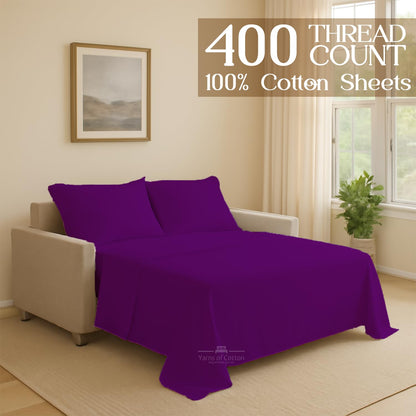 Sleeper Sofa Bed Sheet, 100% Cotton 400 Thread Count, 4 Piece Set, Deep Pocket Fitted Sheet, Soft Wrinkle Free & Breathable, Luxury Hotel Quality, Fits Up to 6 Inch Mattress (Full, Purple)