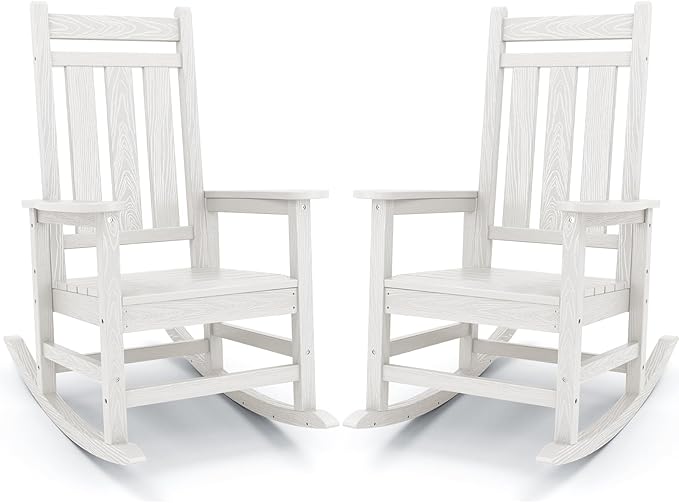 KINGYES Oversized Outdoor Rocking Chair Set of 2, All-Weather Patio Rocking Chairs for Porch, HDPE Outdoor Patio Rockers with High Back & Wide Seat for Garden, Lawn, White