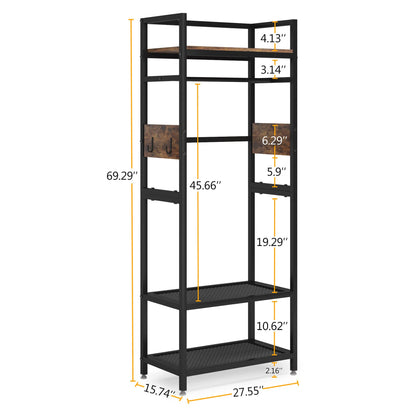 LITTLE TREE Clothes Rack with Shelves, Industrial Hall Tree Garment Rack Small Closet with Shoe Storage